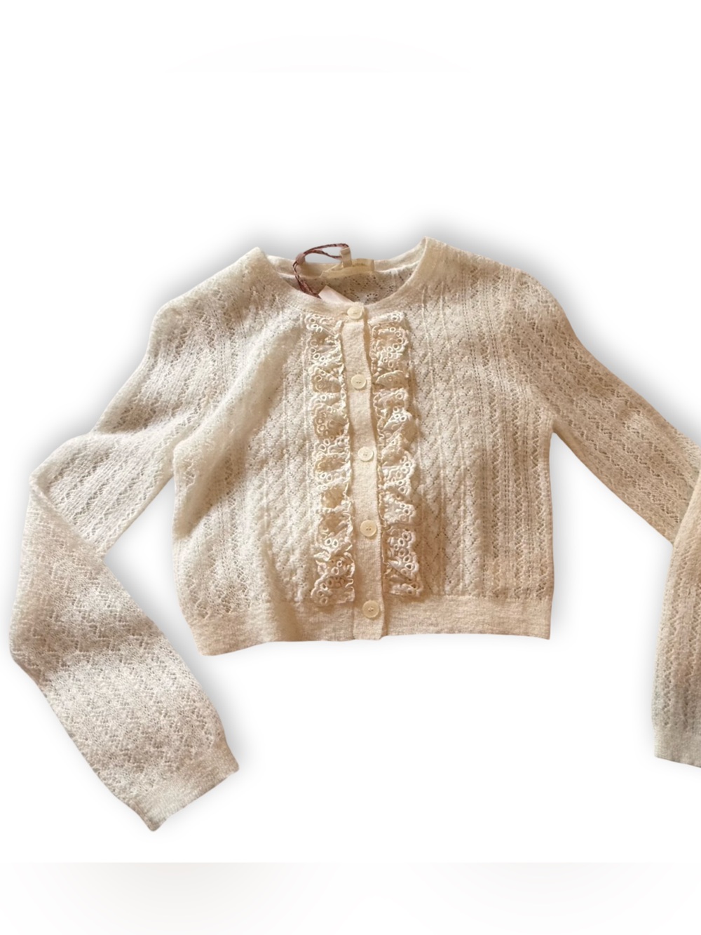 Love Shack Fancy Cream Lace-Front Ruffle Cardigan - Picture 2 of 4